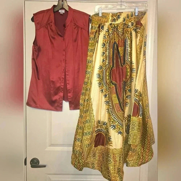 Touch Me brand Africa print Maxi skirt and Burgundy blouse. - Picture 1 of 2